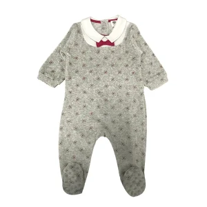 Vêtement bébé body grenouillère bébé velours gris col blanc nœud rouge